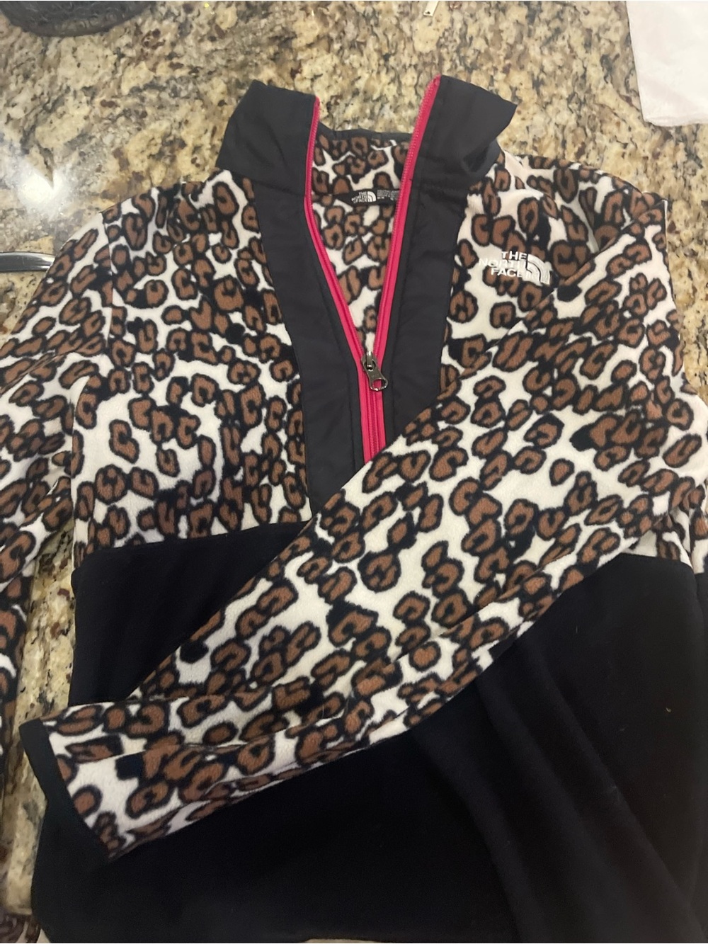 The North Face Girls Leopard Print Fleece 3/4 zip up Jacket - Brown/Black